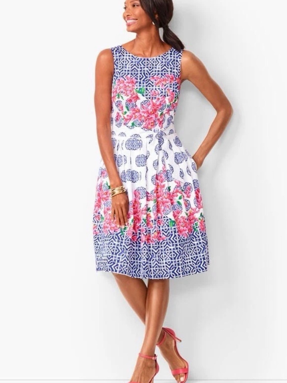 Talbots Mosaic Blue Red Floral Print Cotton Dress Pockets Garden Party Size 20W